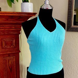 Knit halter top. Aqua blue.